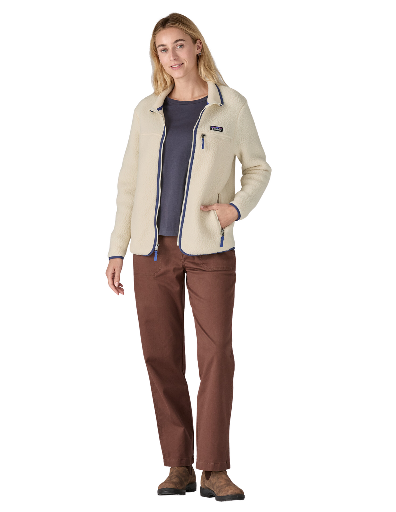 Polaire Patagonia Retro Pile Femme Natural, vue portée de face zip ouvert