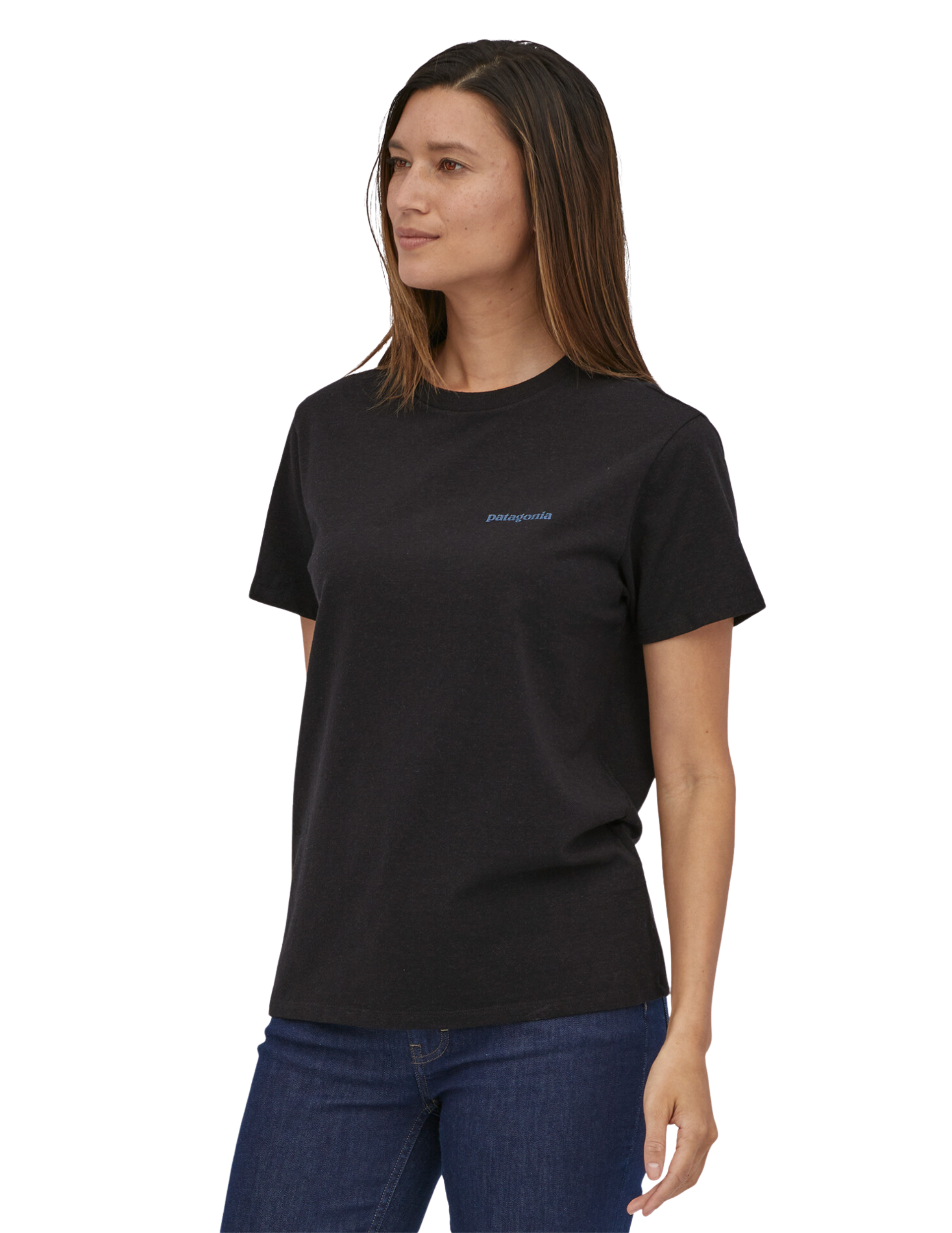 T-Shirt Patagonia Fitz Roy Icon Responsibiliti-Tee® Manches Courtes Homme Ink Black, vue portée de face mannequin femme