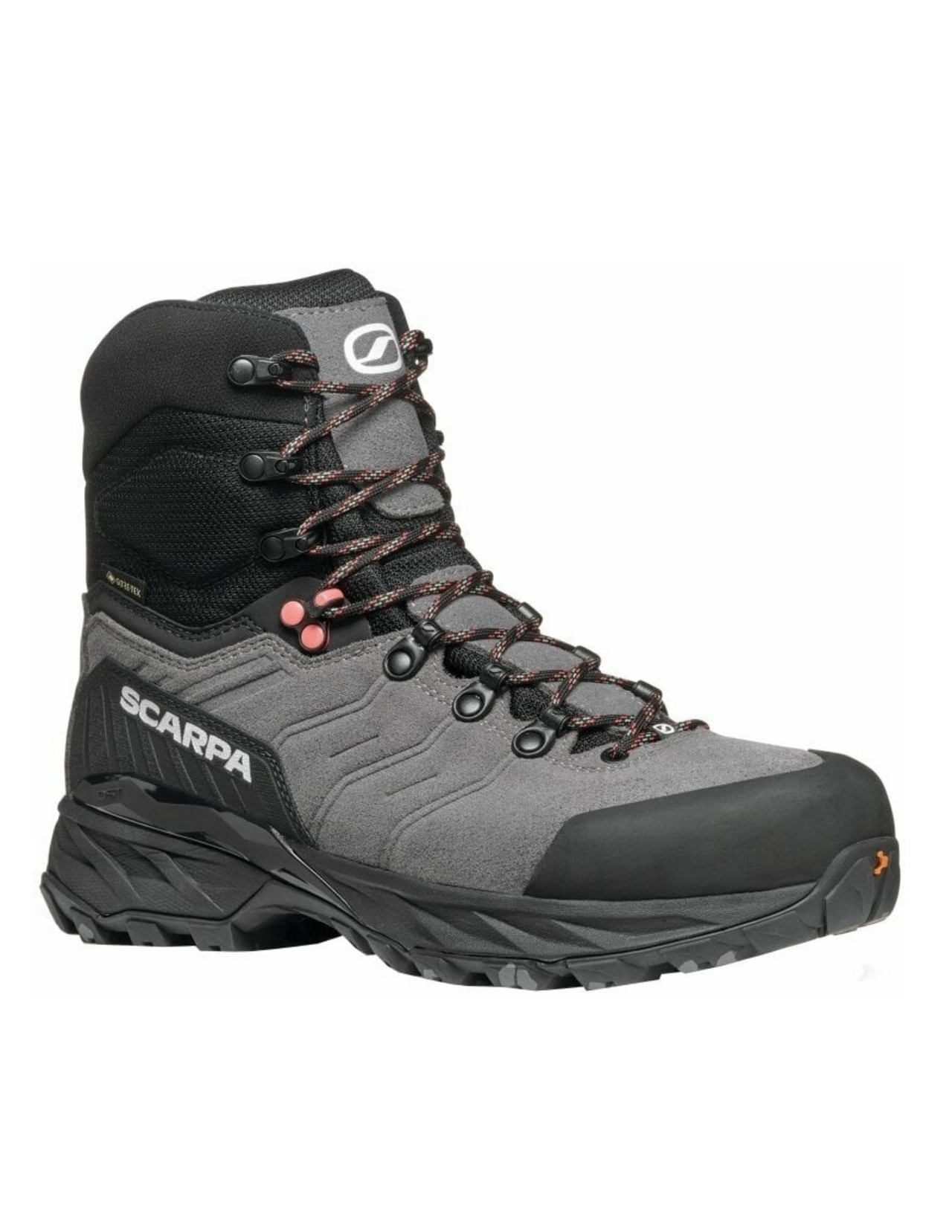 SCARPA Rush Polar Pro Gore-Tex - Chaussures de randonnée hiver hautes femme chaudes, isolantes Semelle Presa Cuir suédé perwanger Couleur Smoke/Coral, vue de côté droit