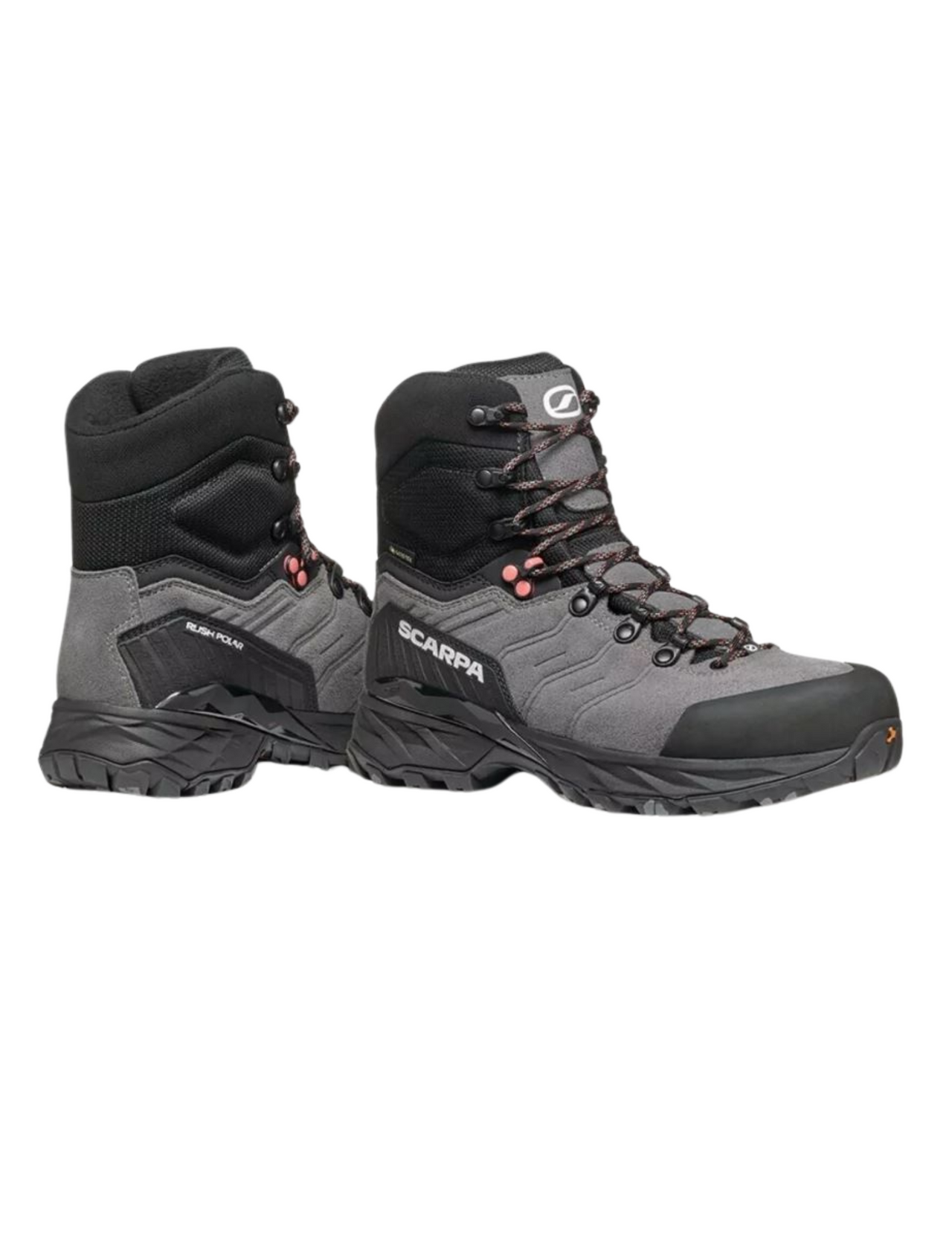 SCARPA Rush Polar Pro Gore-Tex - Chaussures de randonnée hiver hautes femme chaudes, isolantes Semelle Presa Cuir suédé perwanger - Smoke/Coral, vue de côtés