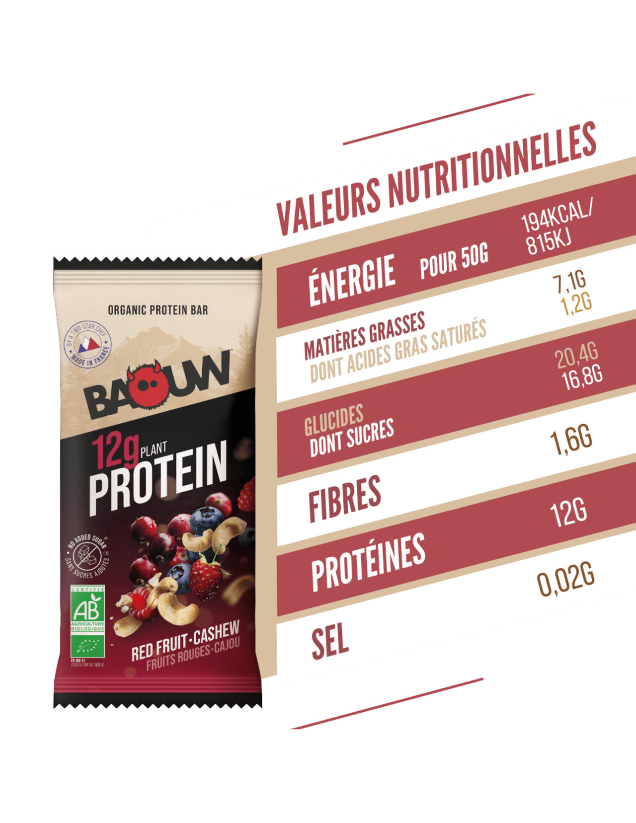 Baouw Bio-Proteinriegel mit roten Beeren/Cashewnüssen 50 g