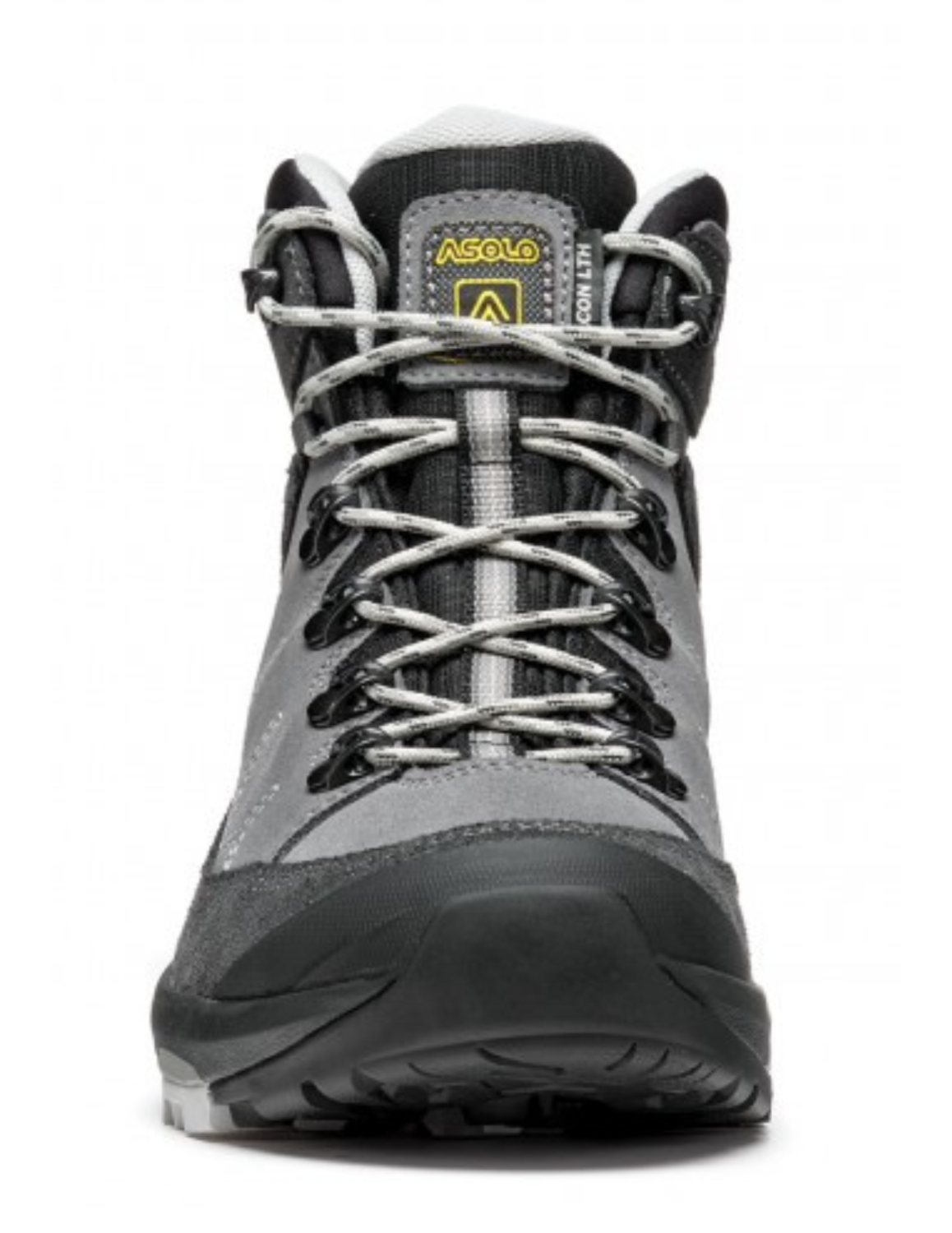 ASOLO Falcon Evo Leather Gore-Tex - Chaussures de Randonnée Femme imperméables Semelle Vibram Omega MegaGrip adhérentes Cuir Couleur Grey/Shark, vue devant