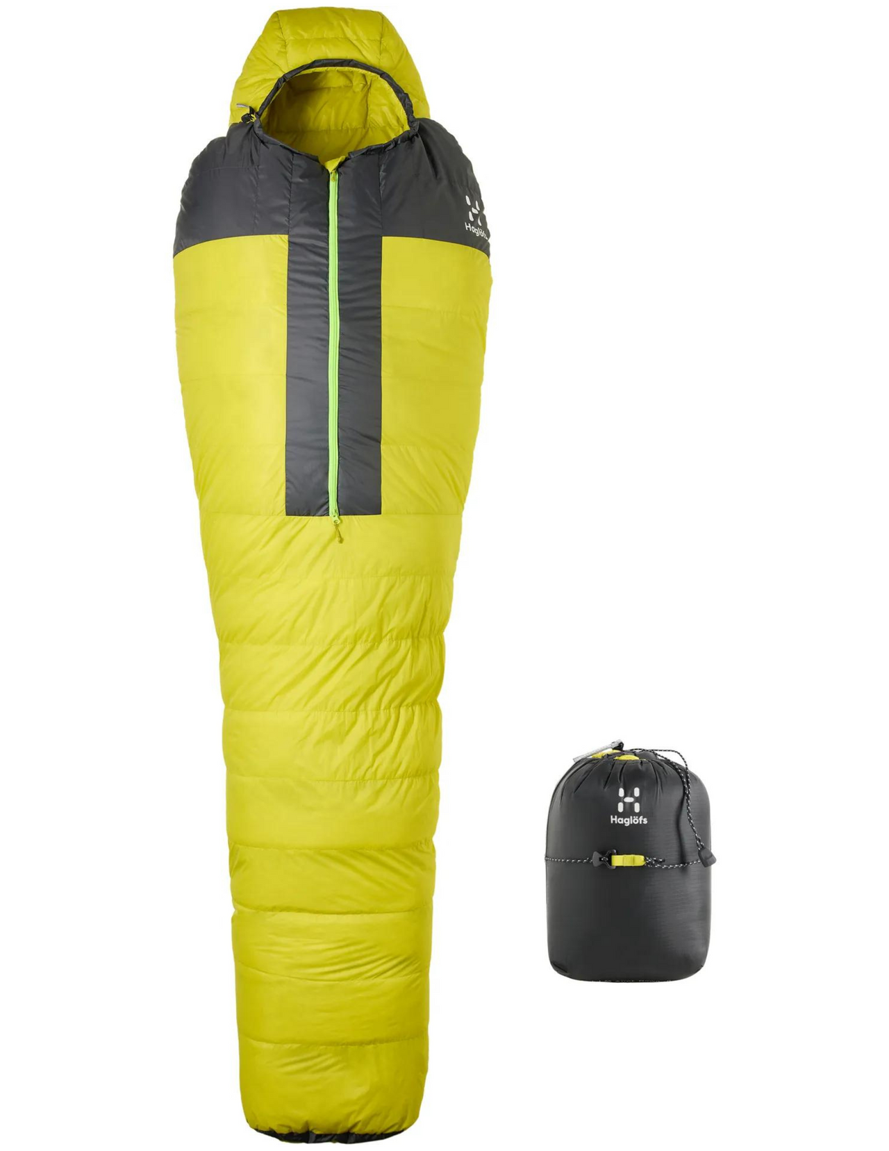 Sac de Couchage Haglöfs L.I.M Airak Down 0° Large, vue de face déplié et sac de compression