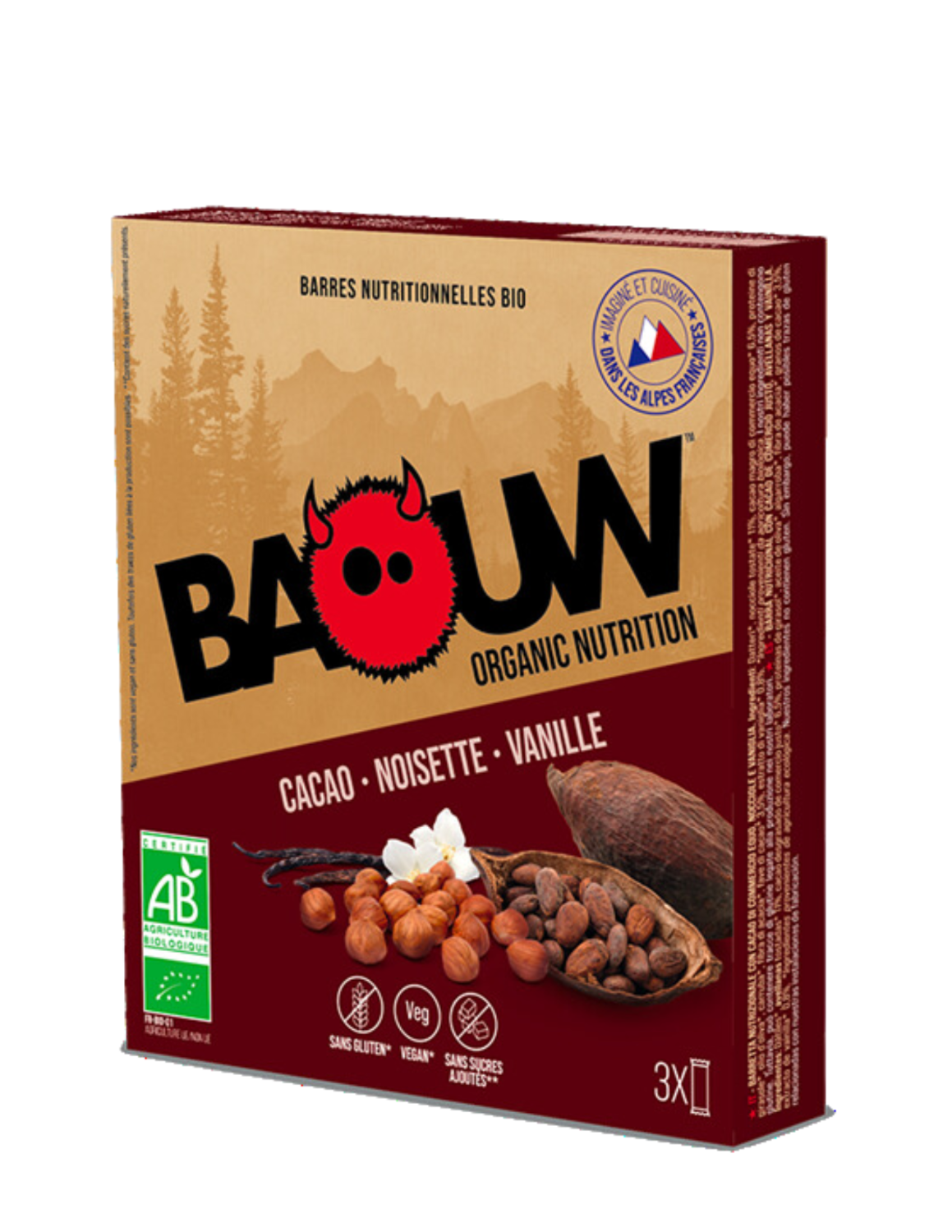 Barres Bio Baouw Cacao/Noisette/Vanille 25g x3