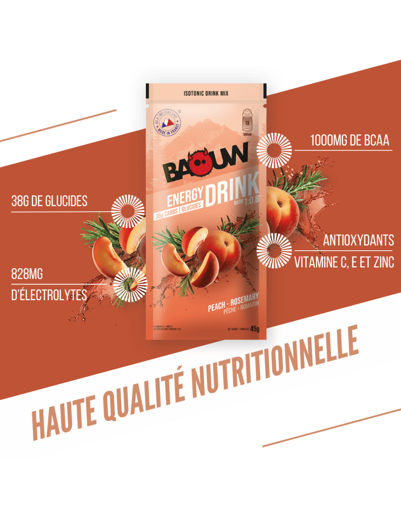 Baouw Isotonisches Getränkepulver Pfirsich/Rosmarin 45g-Beutel