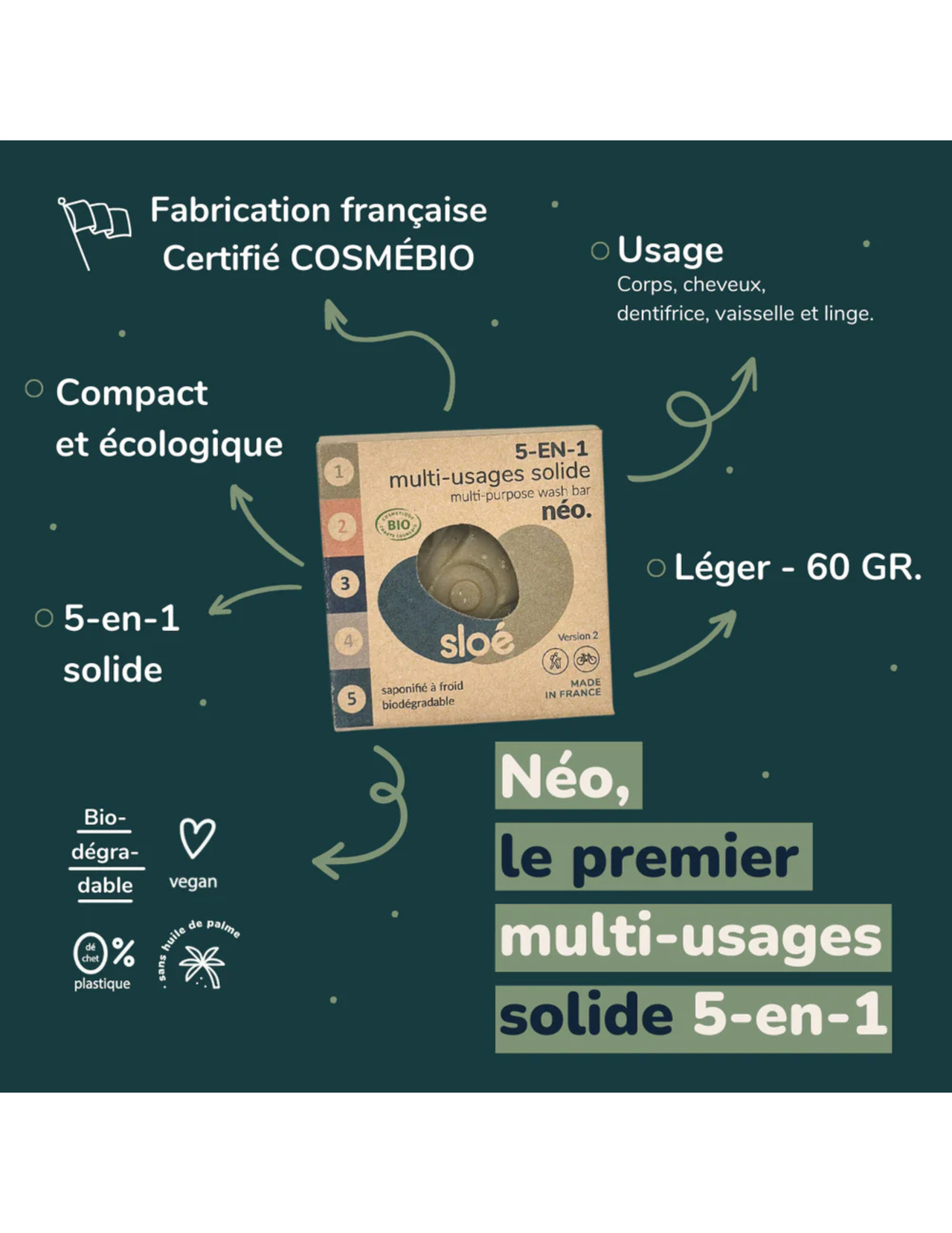 Savon Multi-usages Sloé solide 5-en-1 (60 g)
